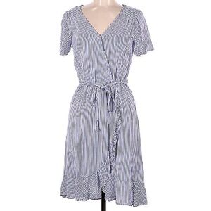 Naif by Anthropologie Blue & White Stripe V-Neck Ruffle Tie Wrap Dress Small